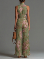 Women's Floral Print Deep V-Neck Pleated Wide-Leg Jumpsuit