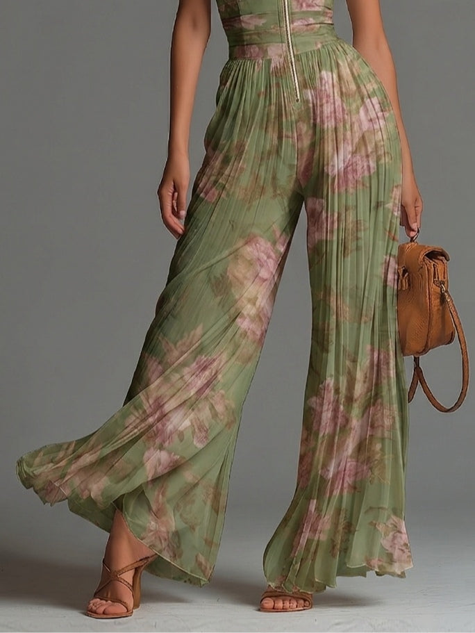 Women's Floral Print Deep V-Neck Pleated Wide-Leg Jumpsuit