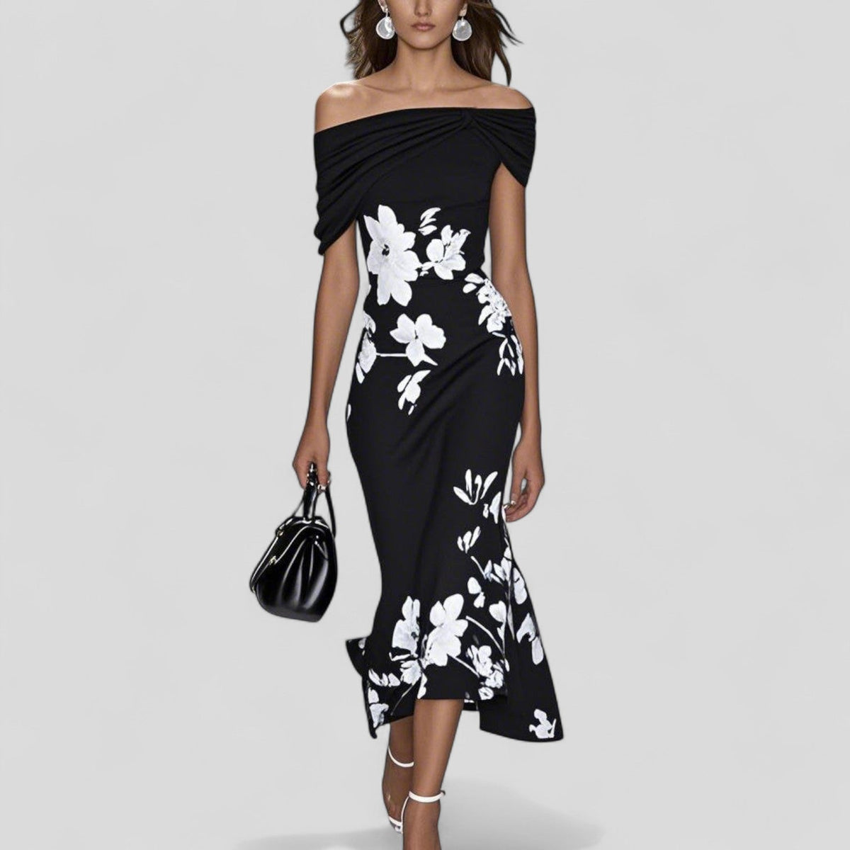 Women's Floral Print Off-Shoulder Ruffle Hem Midi Dress