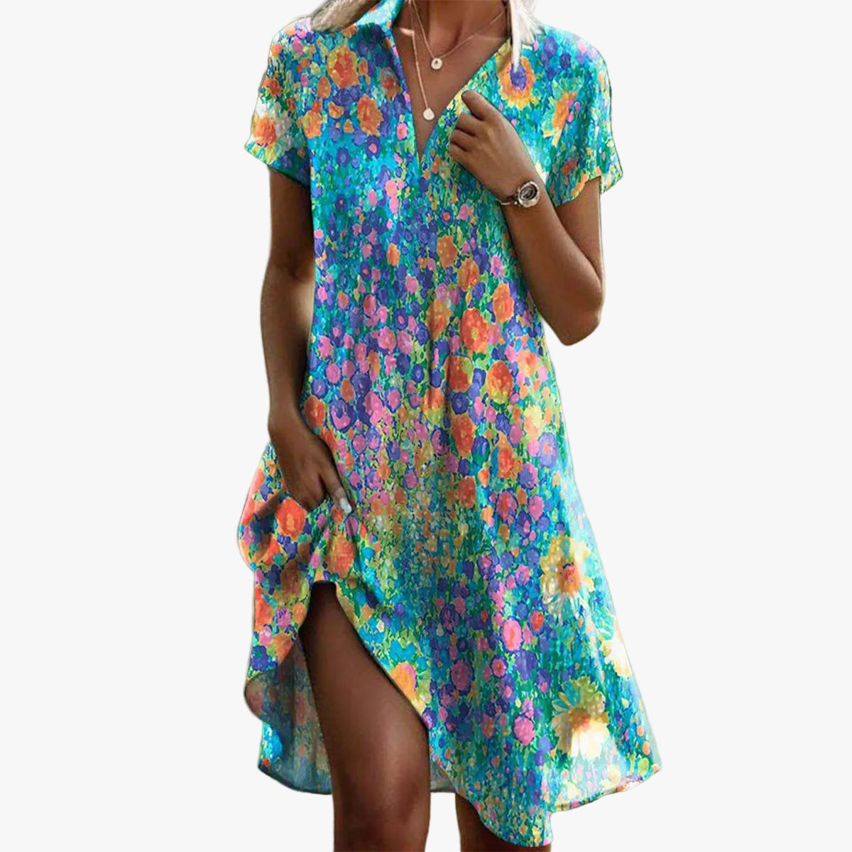Women's Floral Print Scoop Neck Short Sleeve Hi-Low Midi Dress