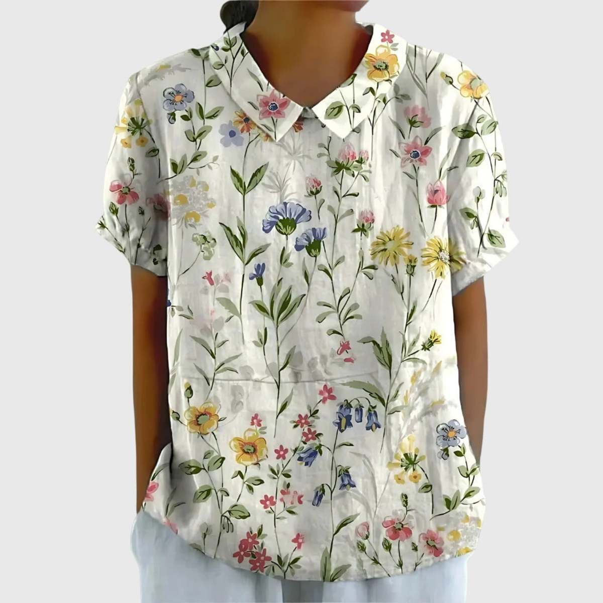 Women's Floral Print Short Sleeve Collared Blouse