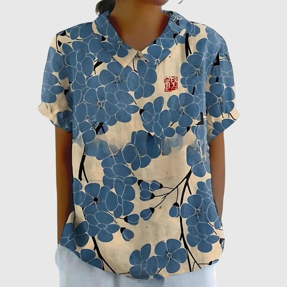 Women's Floral Print Short Sleeve Collared Blouse