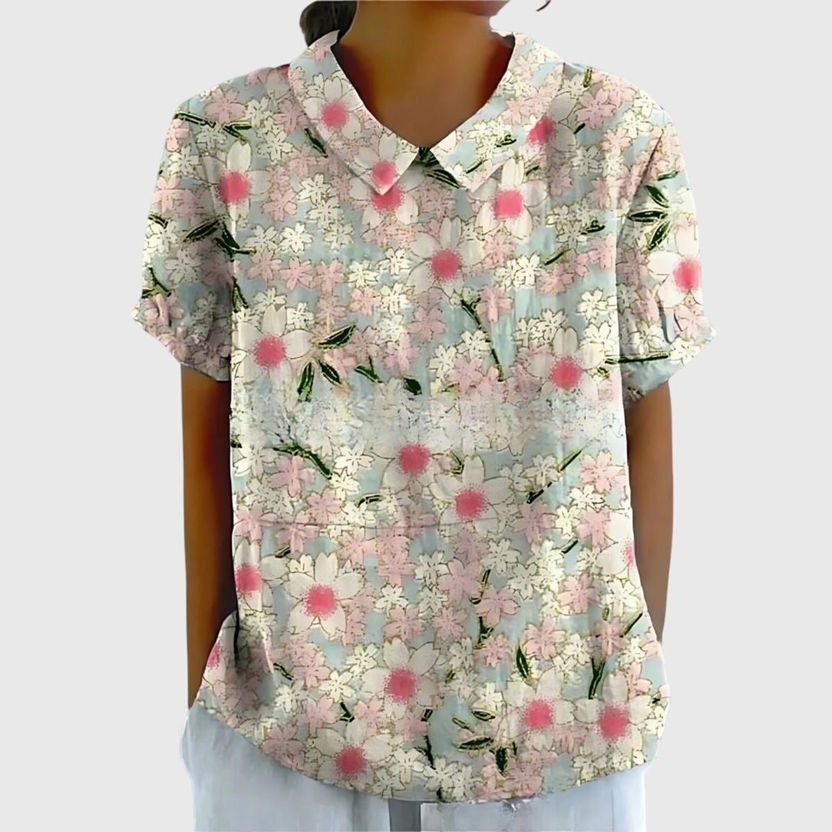 Women's Floral Print Short Sleeve Collared Blouse