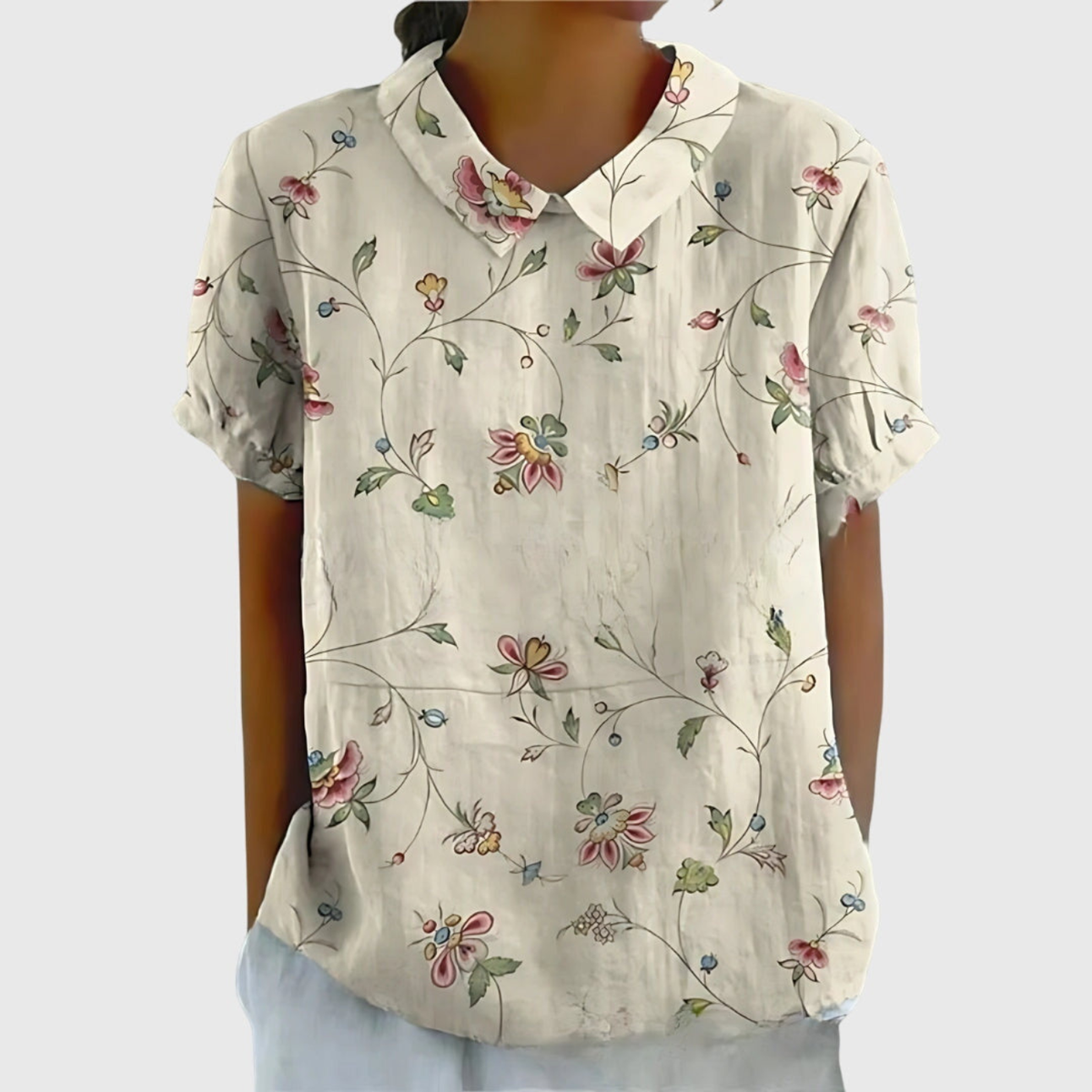 Women's Floral Print Short Sleeve Collared Blouse