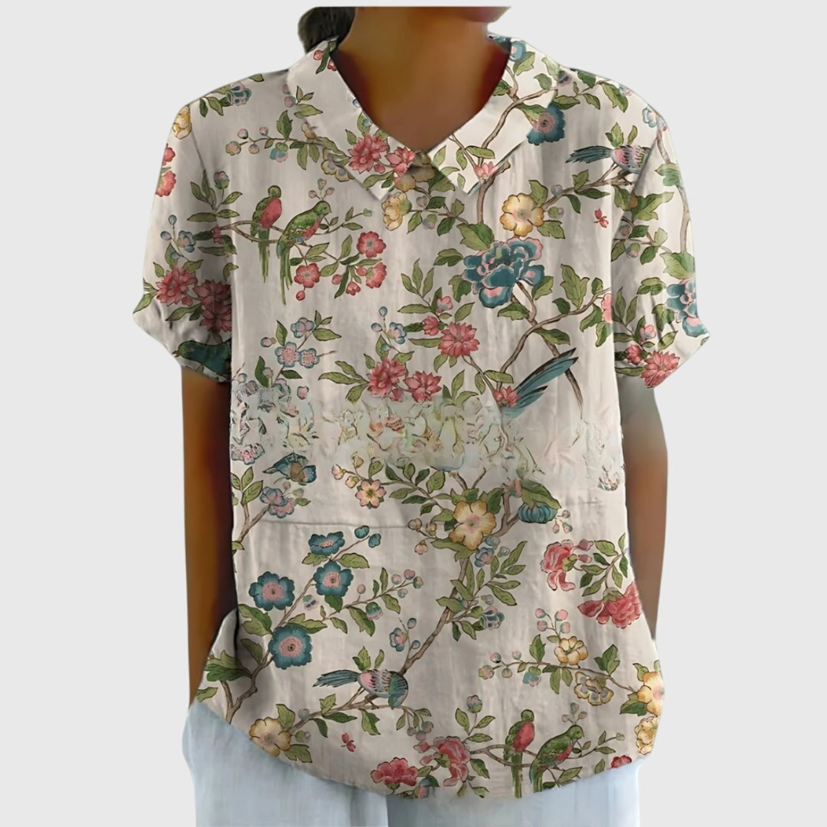 Women's Floral Print Short Sleeve Collared Blouse