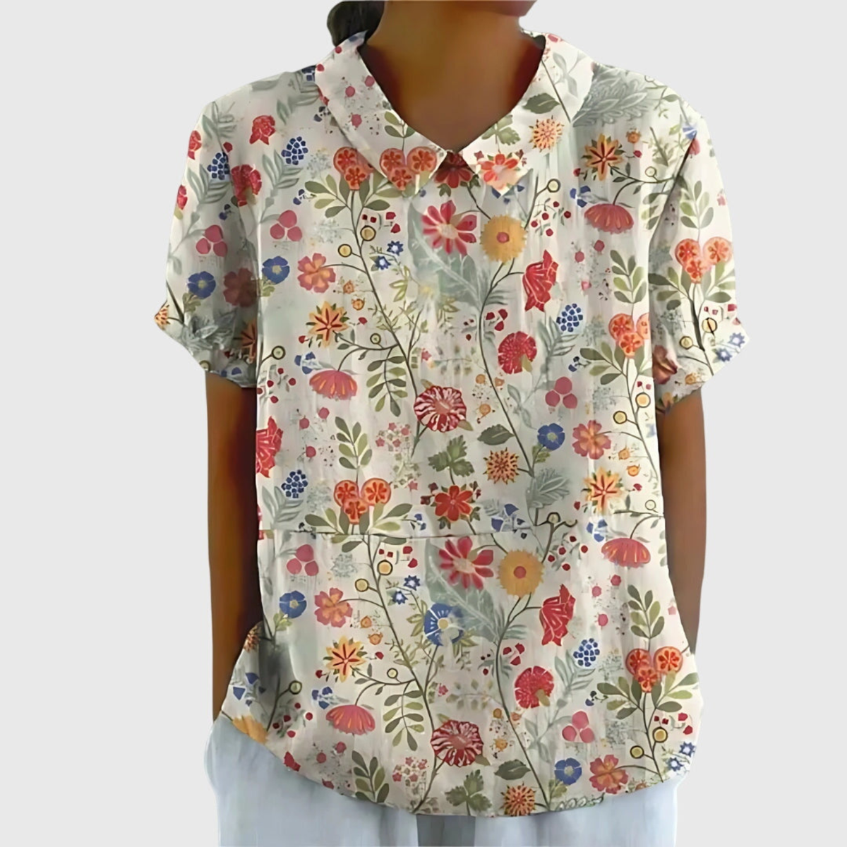 Women's Floral Print Short Sleeve Collared Blouse