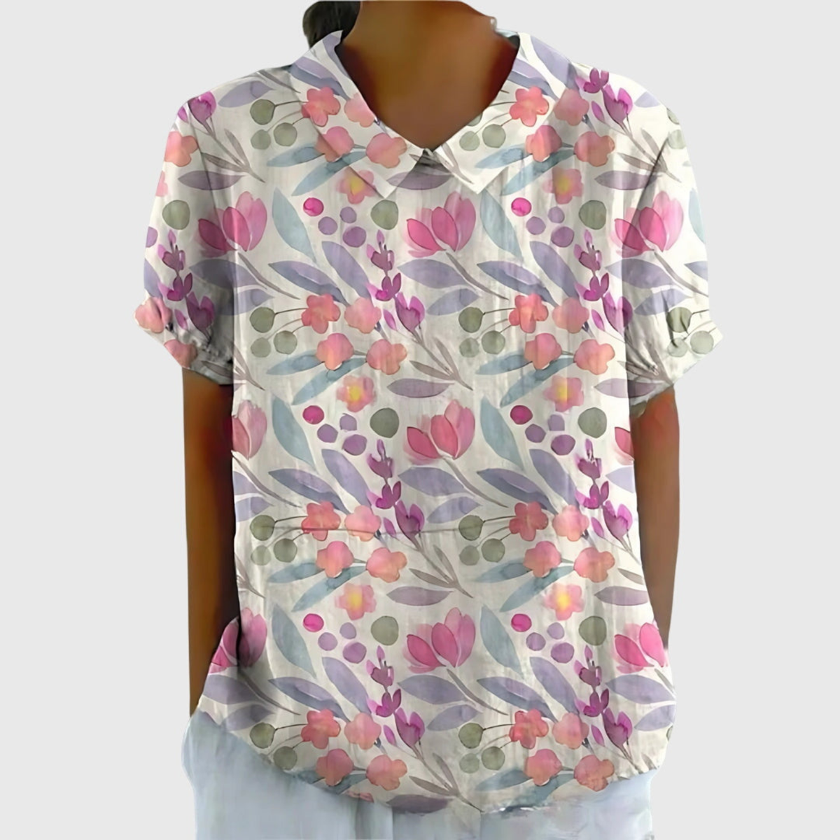 Women's Floral Print Short Sleeve Collared Blouse