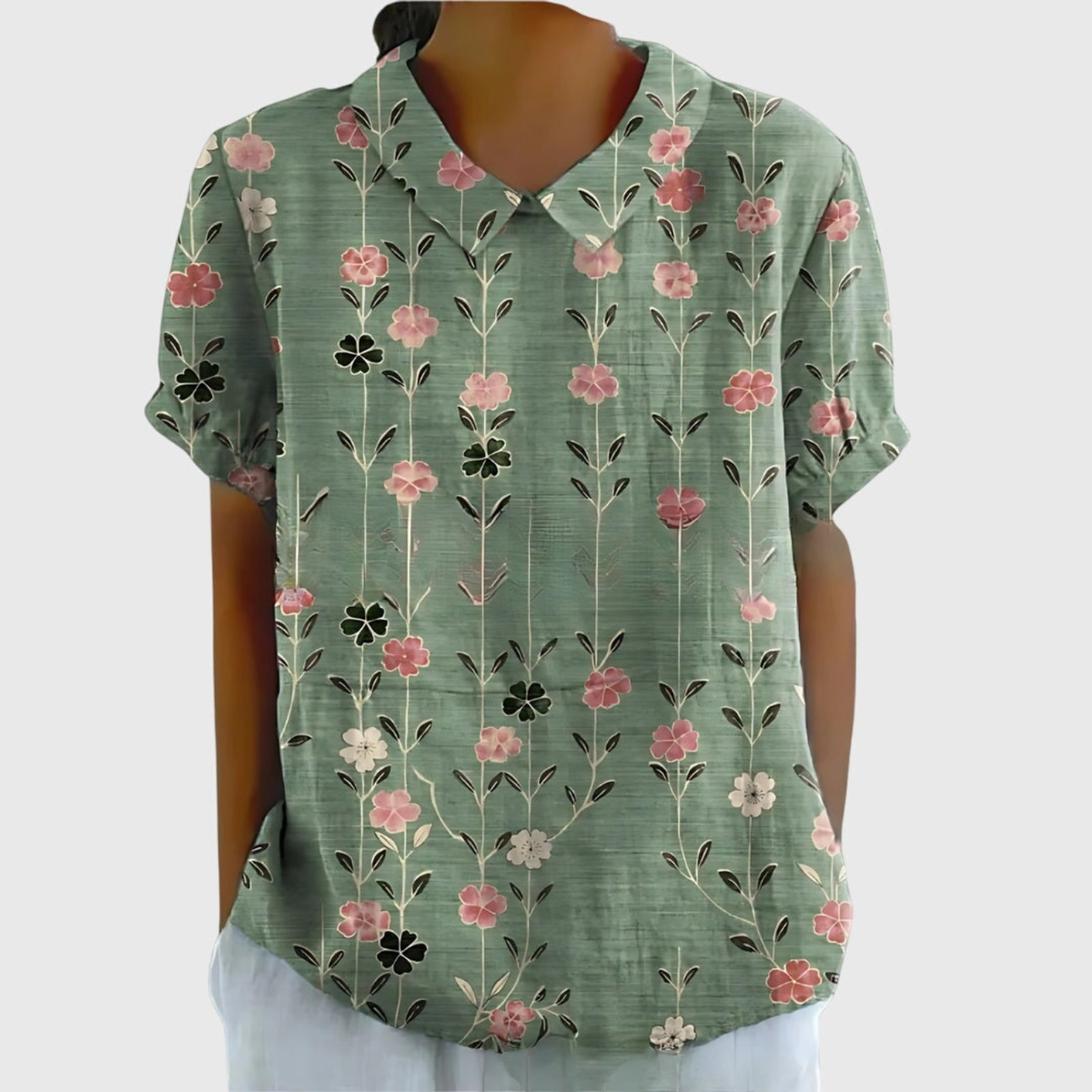 Women's Floral Print Short Sleeve Collared Blouse
