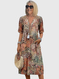 Women's Floral Print V-Neck Half-Sleeve Midi Dress with Side Pockets