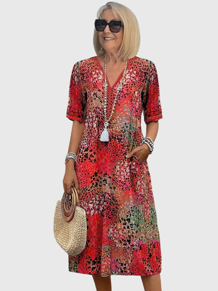 Women's Floral Print V-Neck Half-Sleeve Midi Dress with Side Pockets