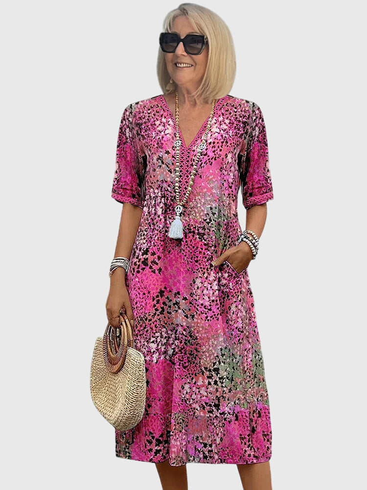 Women's Floral Print V-Neck Half-Sleeve Midi Dress with Side Pockets