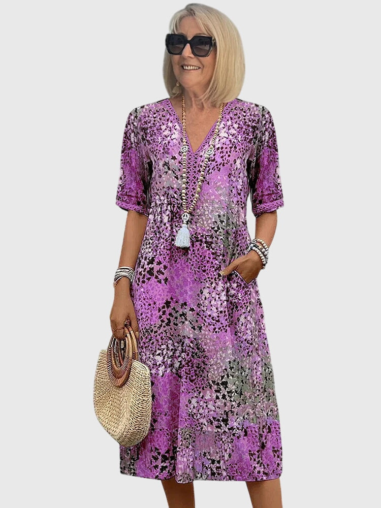 Women's Floral Print V-Neck Half-Sleeve Midi Dress with Side Pockets