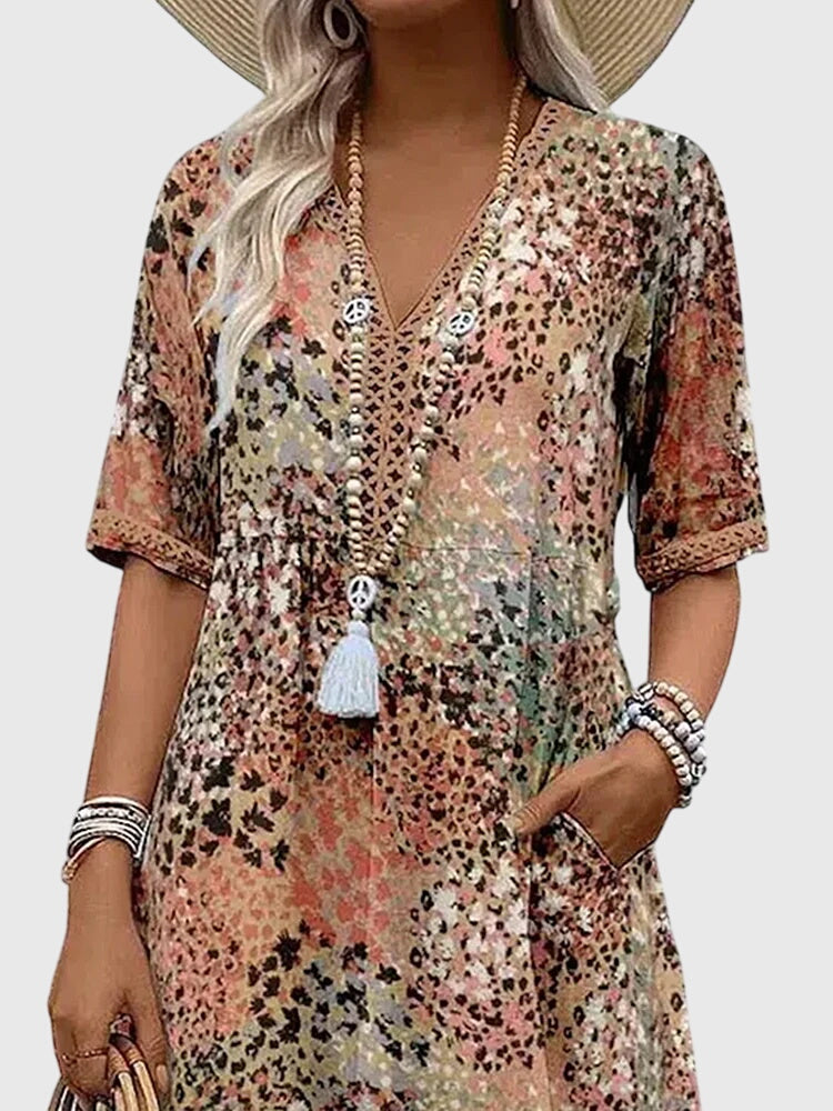Women's Floral Print V-Neck Half-Sleeve Midi Dress with Side Pockets
