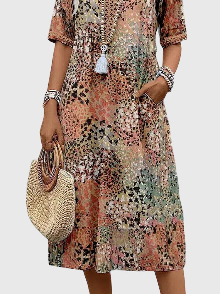 Women's Floral Print V-Neck Half-Sleeve Midi Dress with Side Pockets