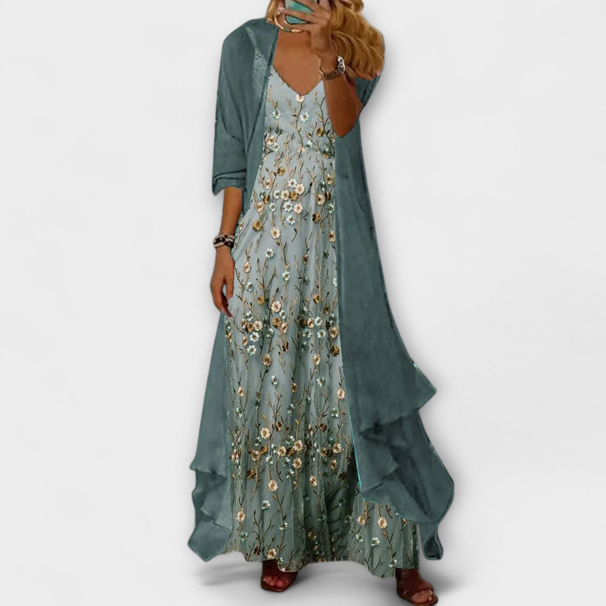 Women's Floral Print V-Neck Maxi Dress with Open-Front Long Jacket