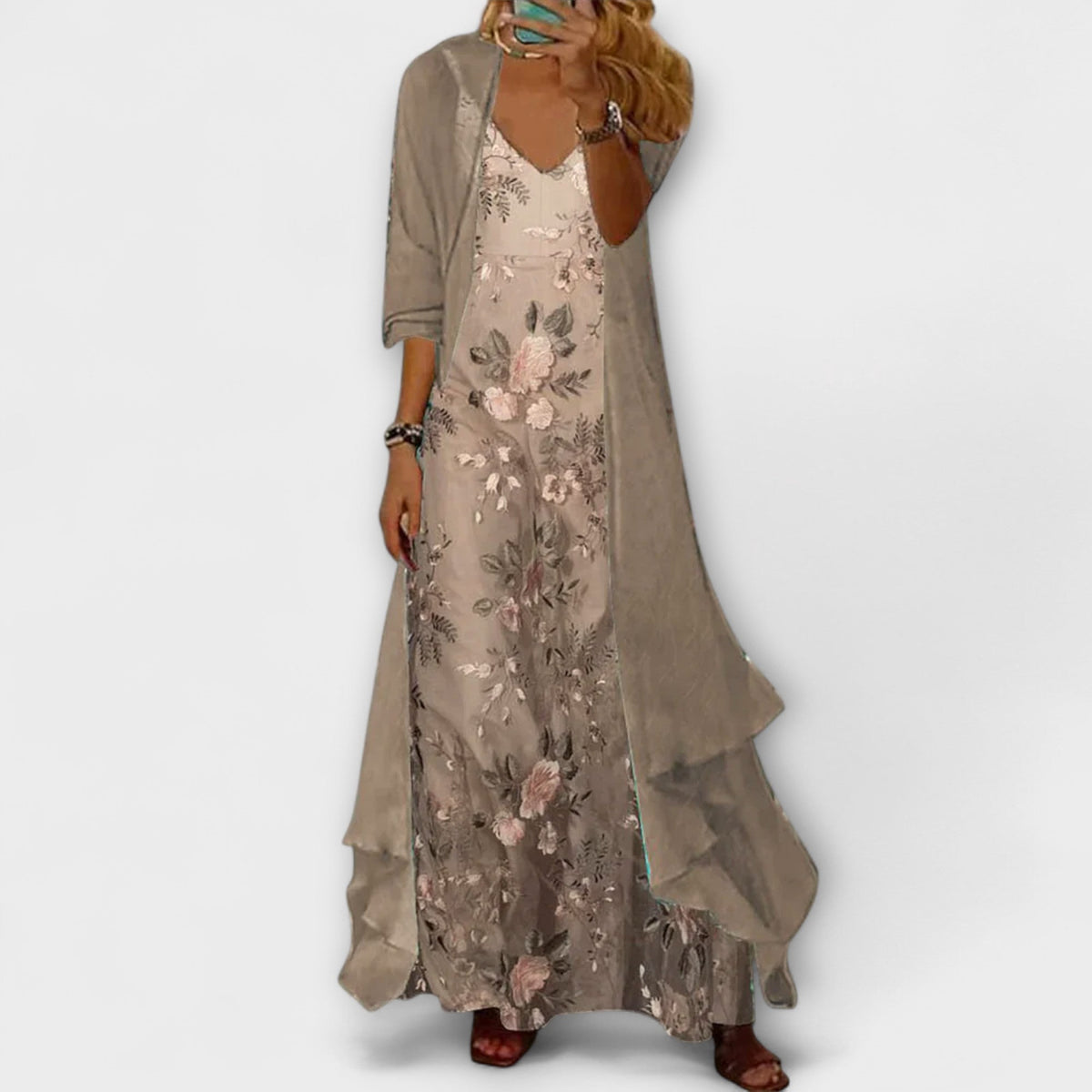 Women's Floral Print V-Neck Maxi Dress with Open-Front Long Jacket