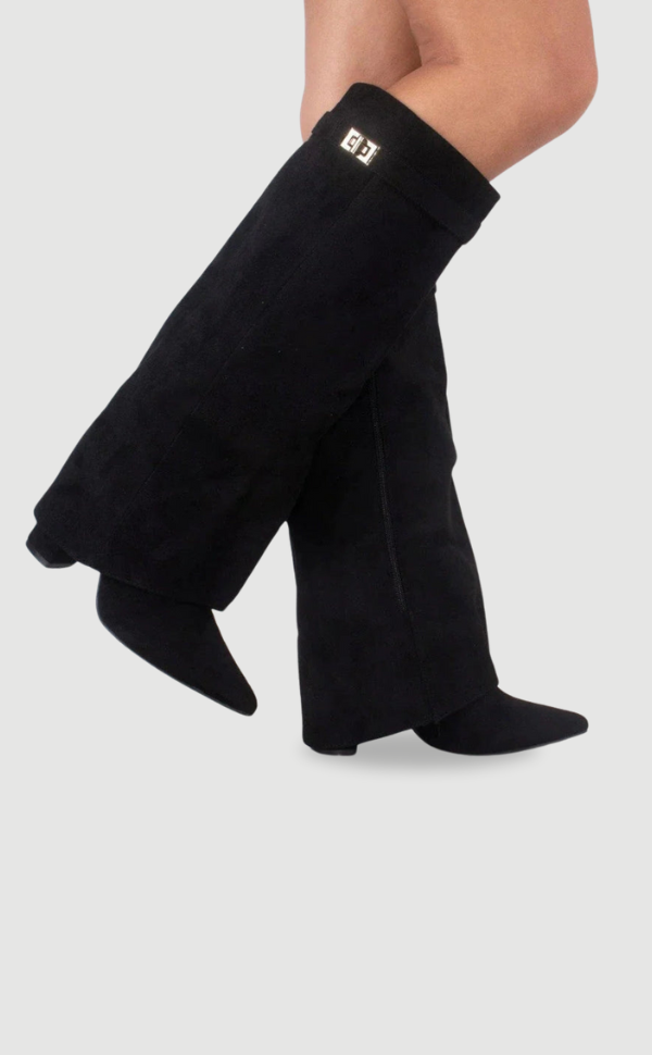 Women's Fold-Over Knee-High Boots with Side Zipper and Gold-Tone Buckle