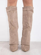 Women's Fold-Over Knee-High Boots with Side Zipper and Gold-Tone Buckle