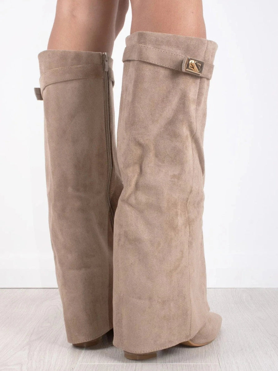 Women's Fold-Over Knee-High Boots with Side Zipper and Gold-Tone Buckle