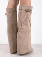 Women's Fold-Over Knee-High Boots with Side Zipper and Gold-Tone Buckle