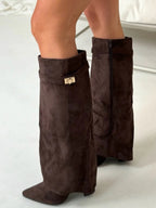 Women's Fold-Over Knee-High Boots with Side Zipper and Gold-Tone Buckle