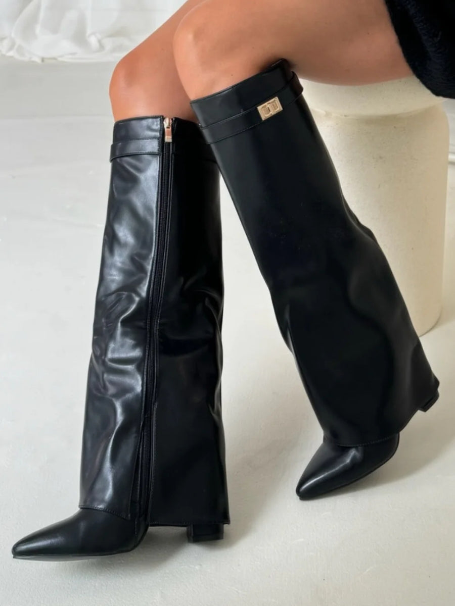Women's Fold-Over Knee-High Boots with Side Zipper and Gold-Tone Buckle