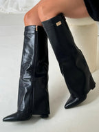 Women's Fold-Over Knee-High Boots with Side Zipper and Gold-Tone Buckle
