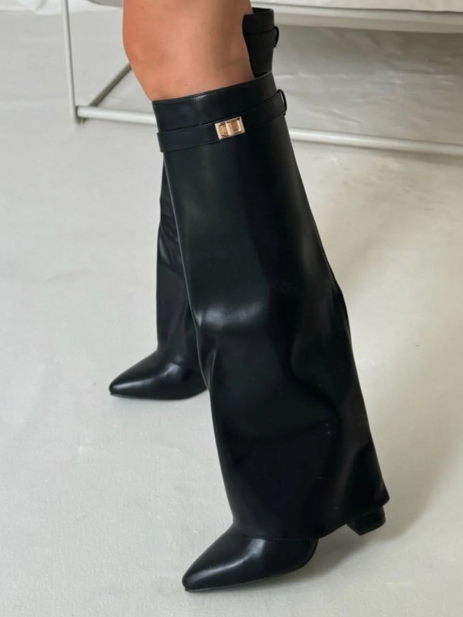 Women's Fold-Over Knee-High Boots with Side Zipper and Gold-Tone Buckle