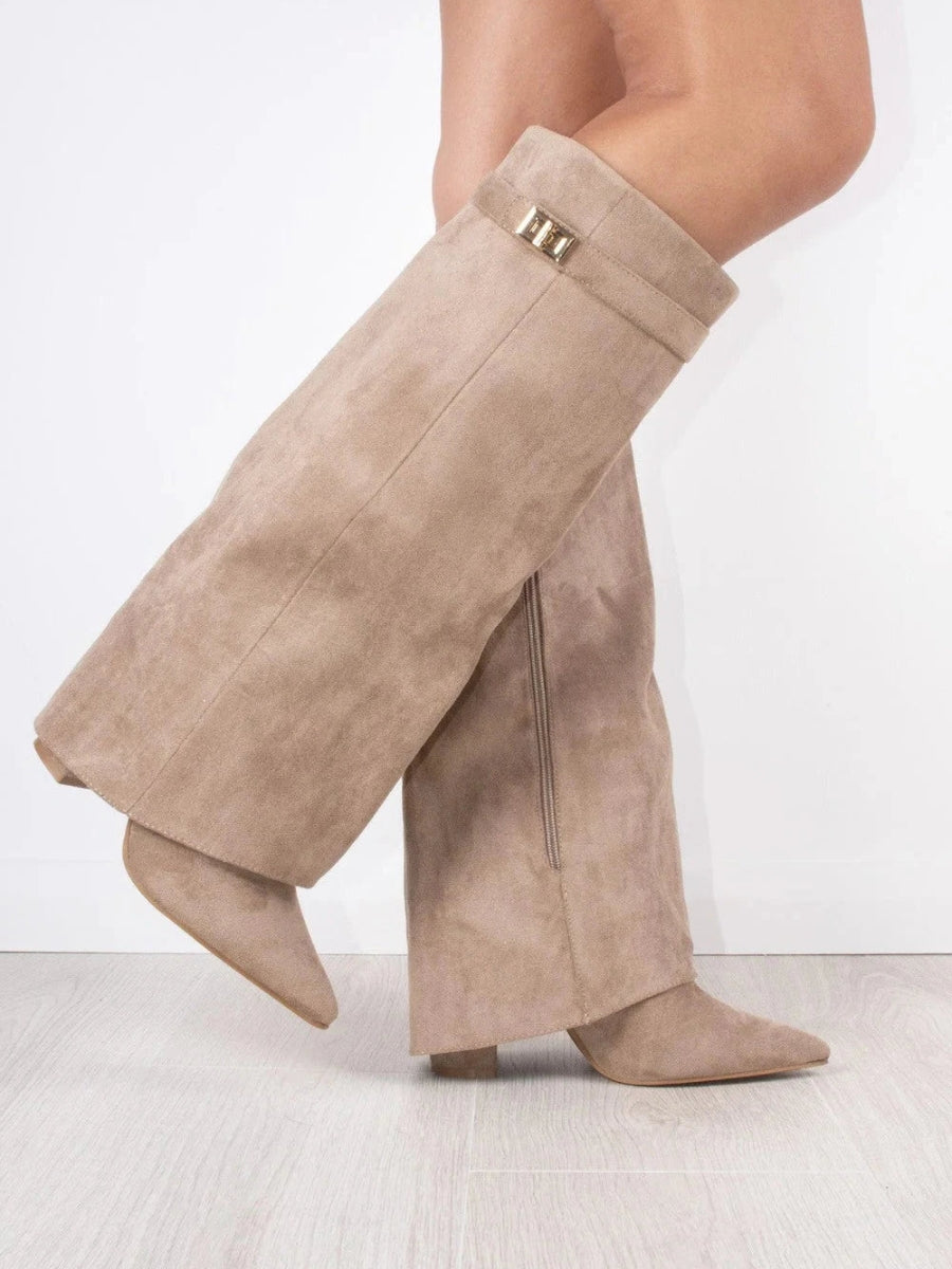 Women's Fold-Over Knee-High Boots with Side Zipper and Gold-Tone Buckle