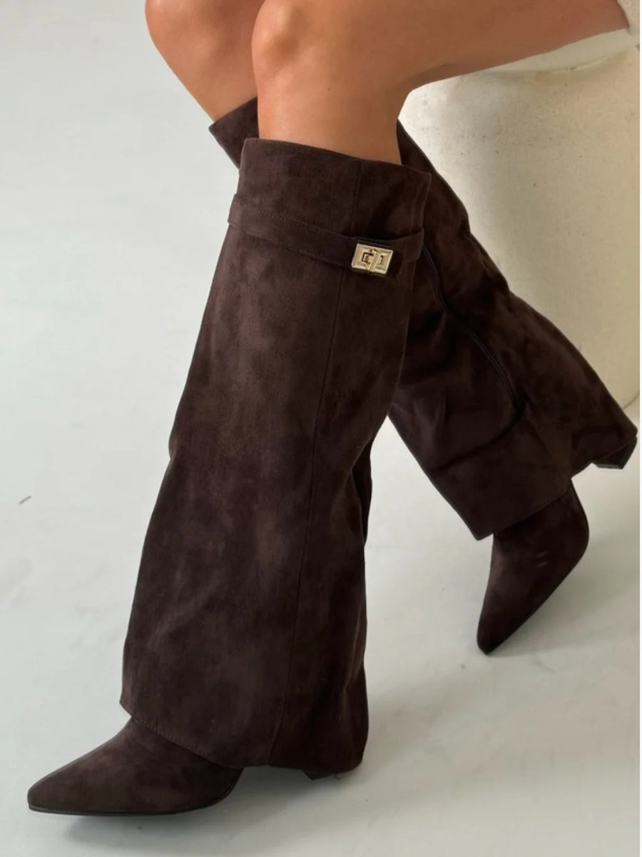 Women's Fold-Over Knee-High Boots with Side Zipper and Gold-Tone Buckle
