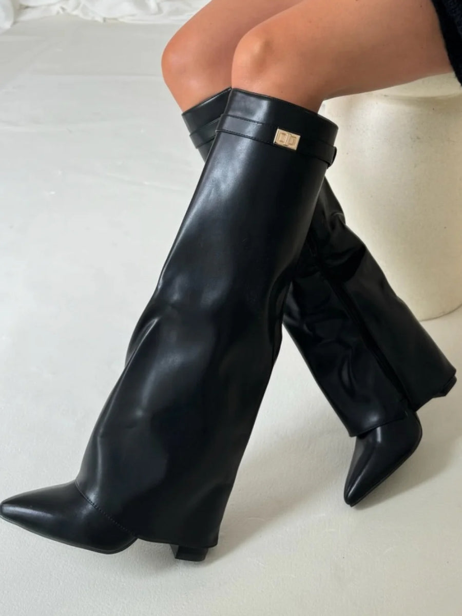 Women's Fold-Over Knee-High Boots with Side Zipper and Gold-Tone Buckle