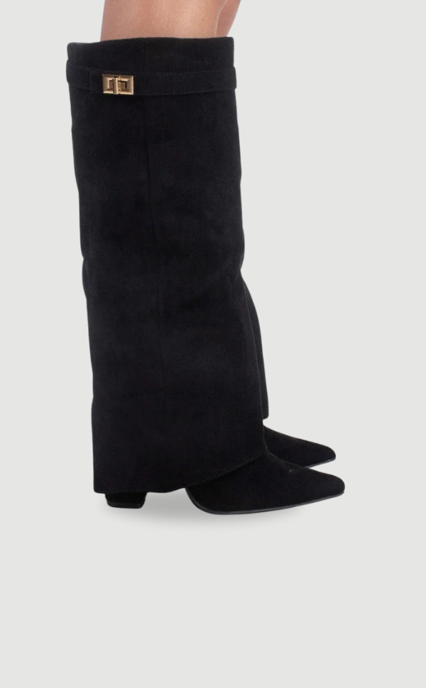 Women's Fold-Over Knee-High Boots with Side Zipper and Gold-Tone Buckle