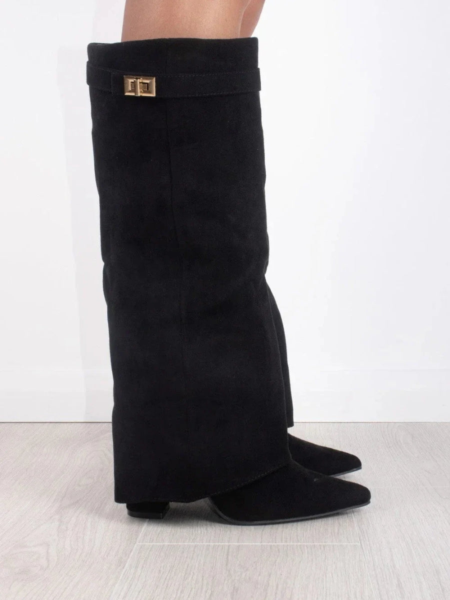 Women's Fold-Over Knee-High Boots with Side Zipper and Gold-Tone Buckle