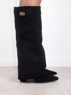 Women's Fold-Over Knee-High Boots with Side Zipper and Gold-Tone Buckle