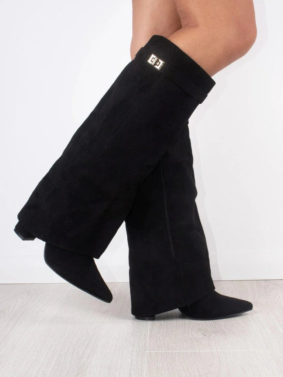 Women's Fold-Over Knee-High Boots with Side Zipper and Gold-Tone Buckle