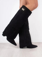 Women's Fold-Over Knee-High Boots with Side Zipper and Gold-Tone Buckle