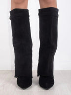 Women's Fold-Over Knee-High Boots with Side Zipper and Gold-Tone Buckle