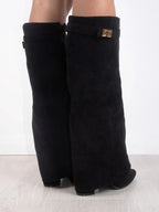 Women's Fold-Over Knee-High Boots with Side Zipper and Gold-Tone Buckle