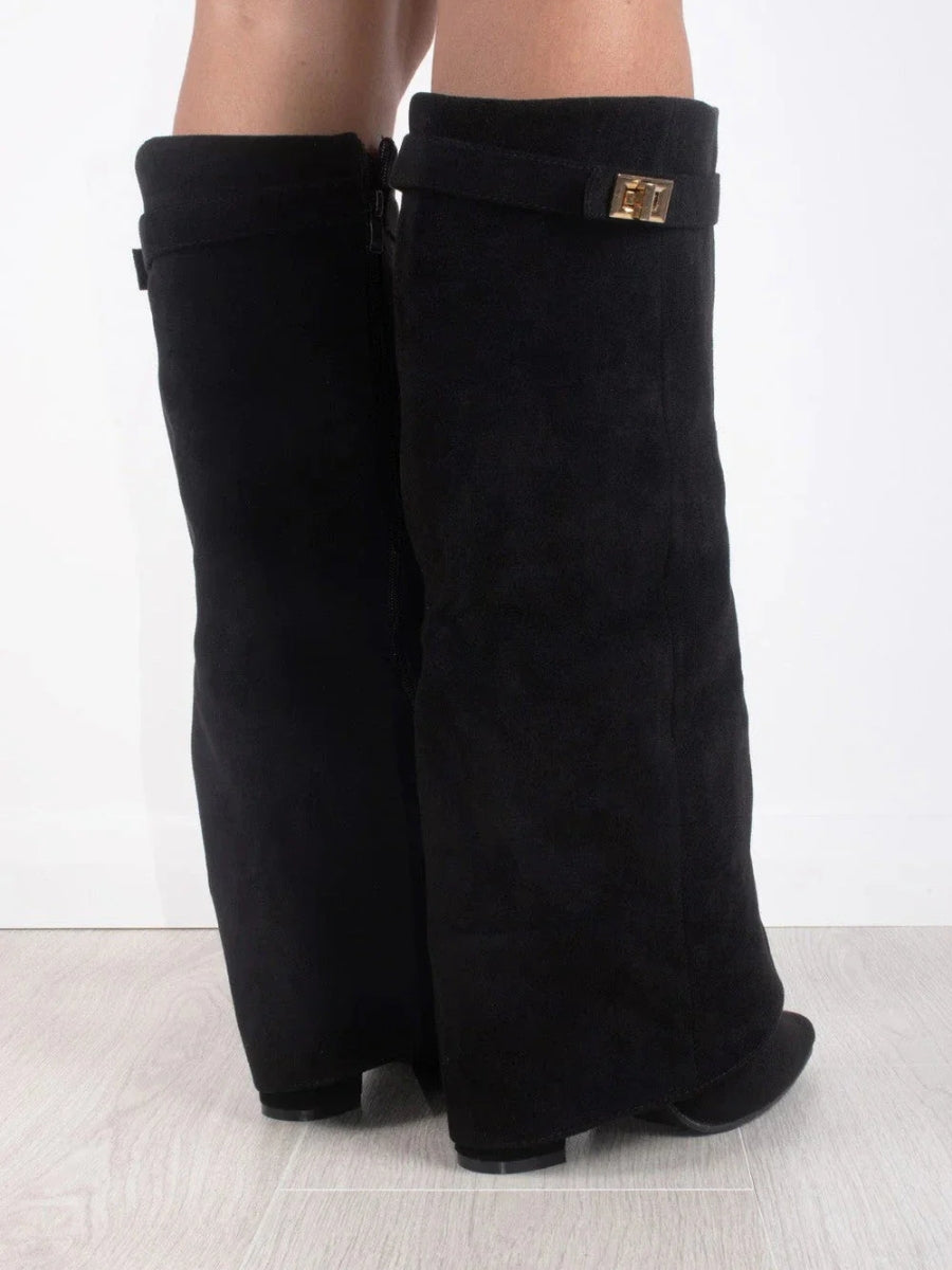 Women's Fold-Over Knee-High Boots with Side Zipper and Gold-Tone Buckle
