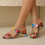 Women's Gem-Studded Clear Double Strap Block Heel Slide Sandals