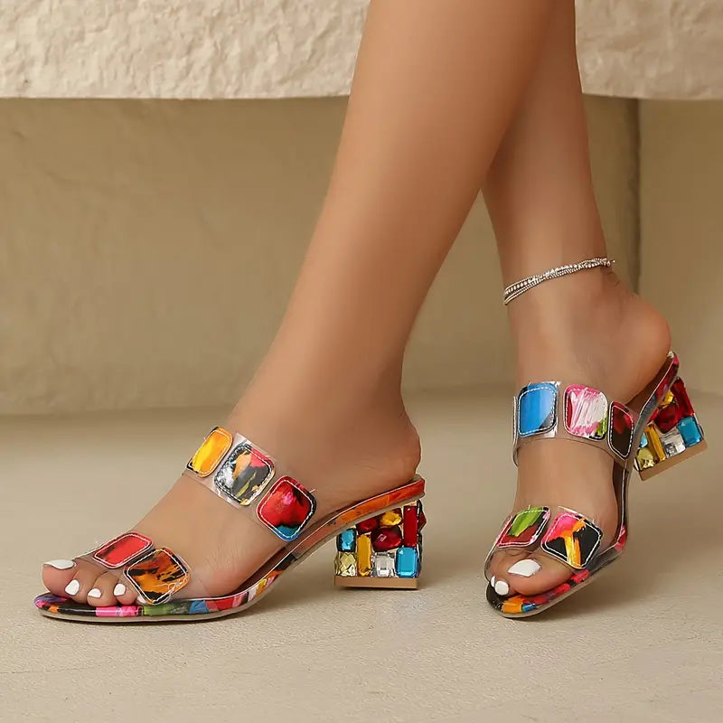 Women's Gem-Studded Clear Double Strap Block Heel Slide Sandals