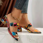 Women's Gem-Studded Clear Double Strap Block Heel Slide Sandals