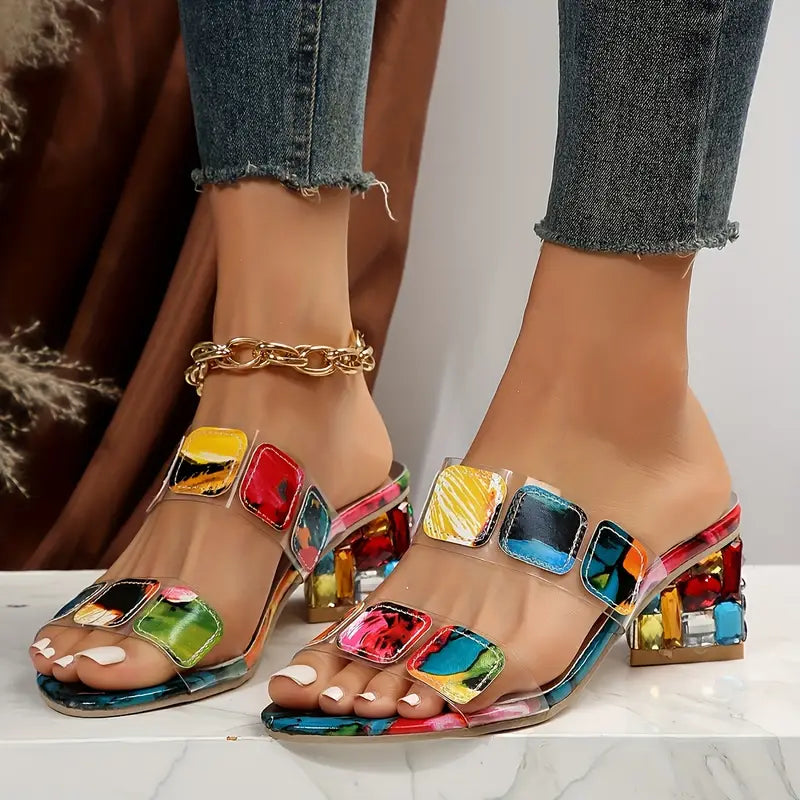 Women's Gem-Studded Clear Double Strap Block Heel Slide Sandals