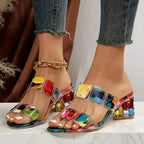 Women's Gem-Studded Clear Double Strap Block Heel Slide Sandals
