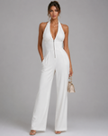 Women's Halter Neck Deep V-Zip Front Wide Leg Jumpsuit with Side Pockets