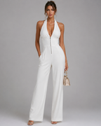Women's Halter Neck Deep V-Zip Front Wide Leg Jumpsuit with Side Pockets
