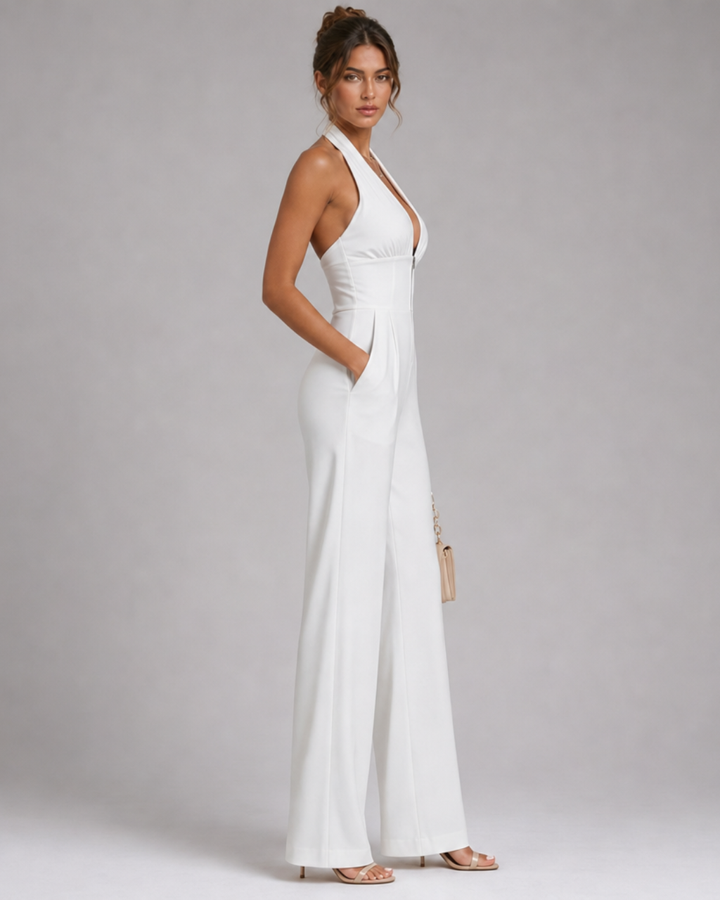 Women's Halter Neck Deep V-Zip Front Wide Leg Jumpsuit with Side Pockets