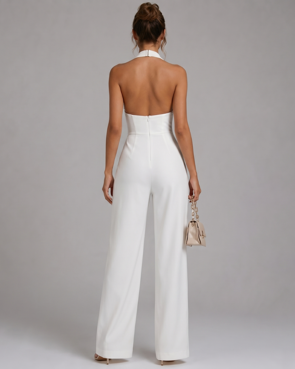 Women's Halter Neck Deep V-Zip Front Wide Leg Jumpsuit with Side Pockets