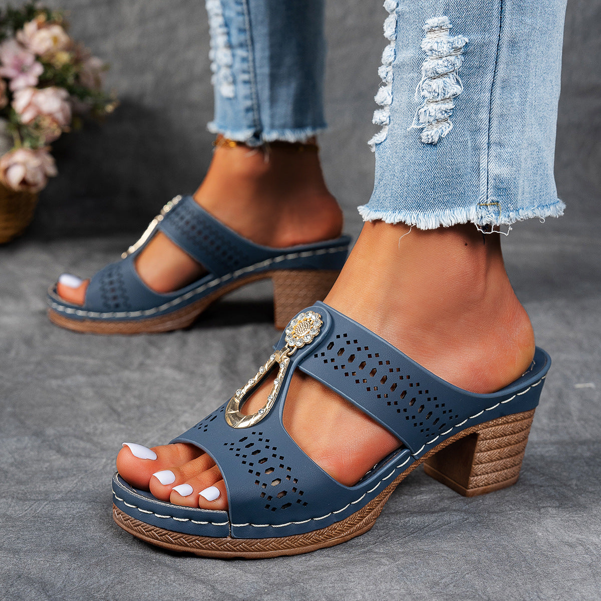 Women's Hazel | Cutout Block-Heel Embellished Slide Sandals