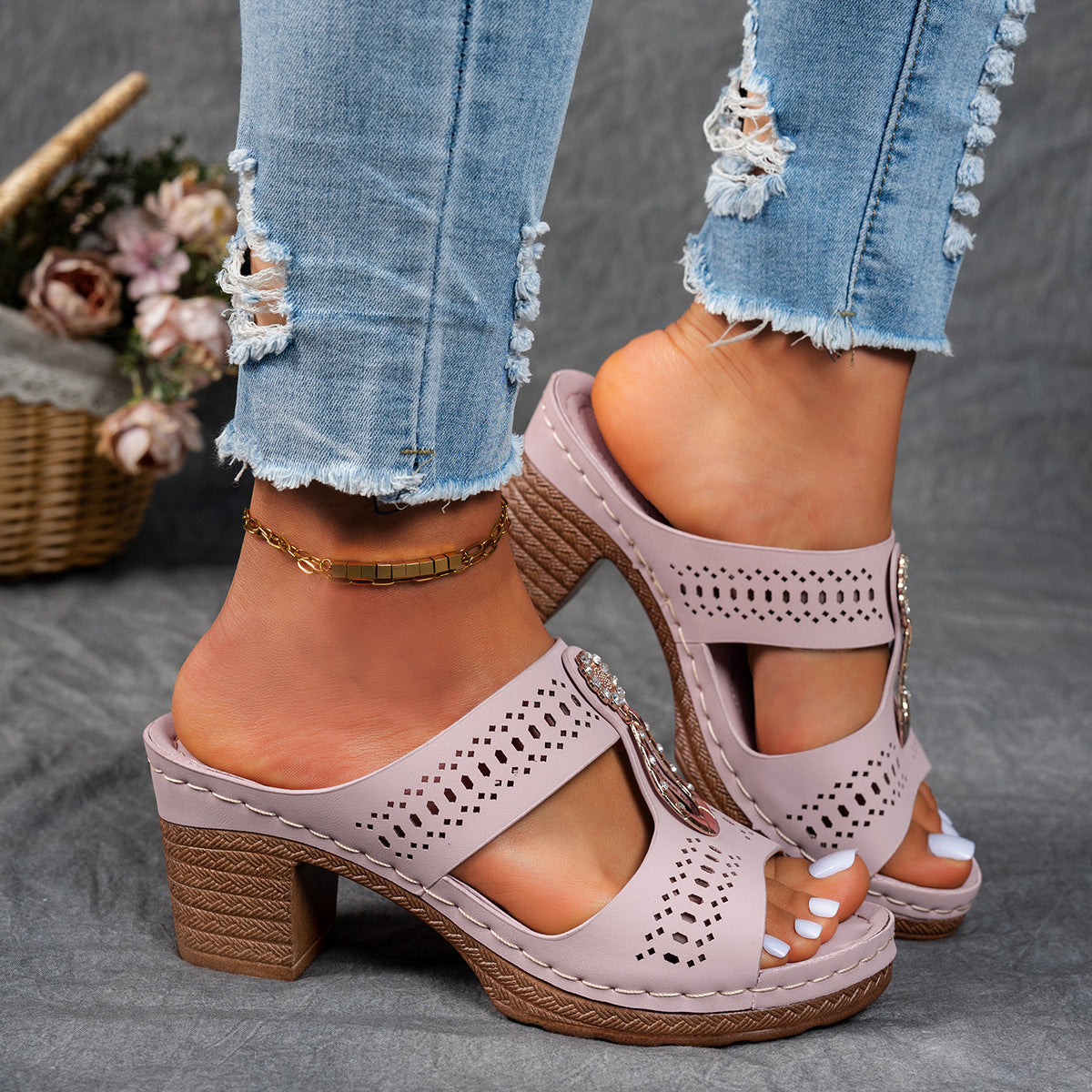 Women's Hazel | Cutout Block-Heel Embellished Slide Sandals